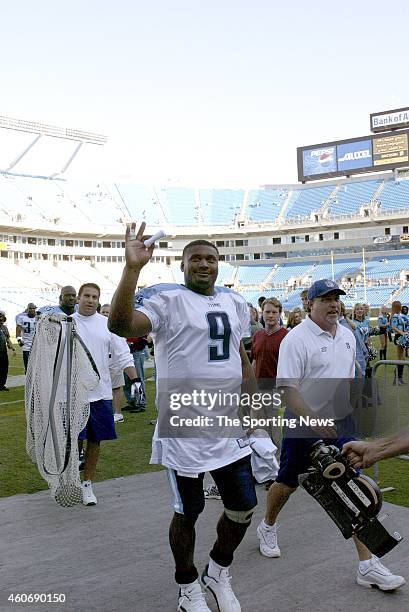 Steve McNair of the Tennessee Titans leaves the field after a game against the Carolina Panthers on October 19, 2003 at Ericsson Stadium in...