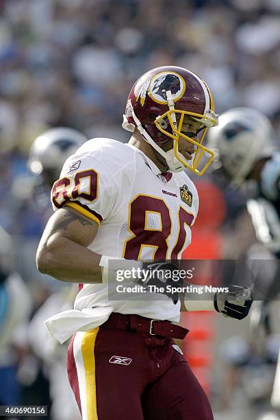 Laveranues Coles of the Washington Redskins looks on during a game against the Carolina Panthers on November 16, 2003 at Ericsson Stadium in...