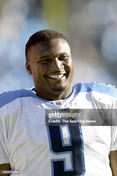 Steve McNair of the Tennessee Titans smiles during a game against the Carolina Panthers on October 19, 2003 at Ericsson Stadium in Charlotte, North...