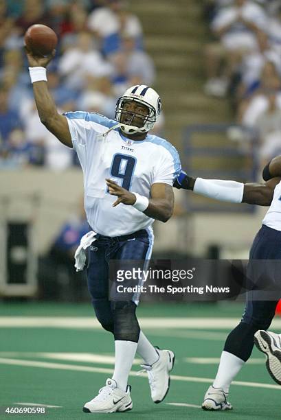 Steve McNair of the Tennessee Titans in action during a game against the Indianapolis Colts on September 14, 2003 at Lucas Oil Stadium in...