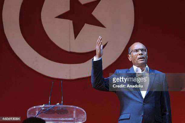 Tunisian presidential candidate Moncef Marzouki speaks to his supporters during his election campaign within the 2nd round of the presidential...