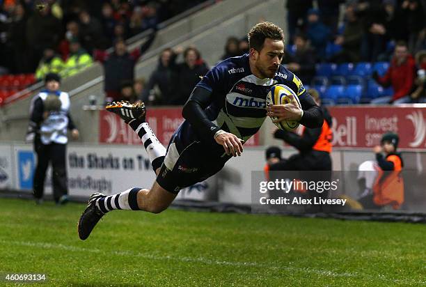 Danny Cipriani of Sale Sharks scores a try during the Aviva Premiership match between Sale Sharks and Exeter Chiefs at AJ Bell Stadium on December...