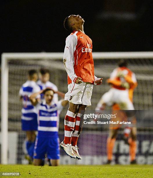 Chris Willock celebrates the Arsenal victory on the final whistle the FA Youth Cup 3rd Round match between Arsenal and Reading at Meadow Park on...