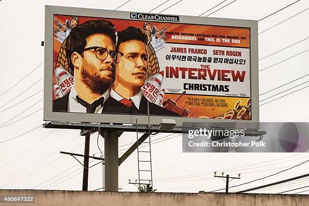 Billboard for the film "The Interview" is displayed December 19, 2014 in Venice, California. Sony has canceled the release of the film after a...