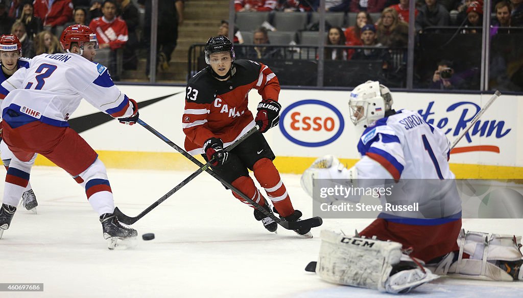 Team Canada plays Team Russia in a 2015 IIHF World Junior Championship exhibition game