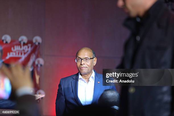 Tunisian presidential candidate Moncef Marzouki attends an election campaign meeting within the 2nd round of the presidential election at Tunis Grand...