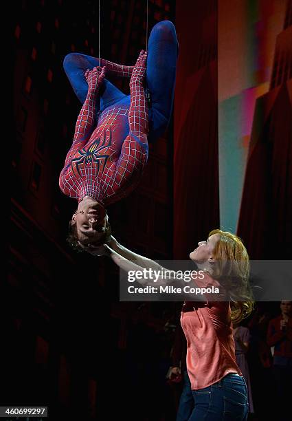 Actors Justin Matthew Sargent and Rebecca Faulkenberry perform at the final performance of Broadway's "Spider-Man Turn Off The Dark" at Foxwoods...