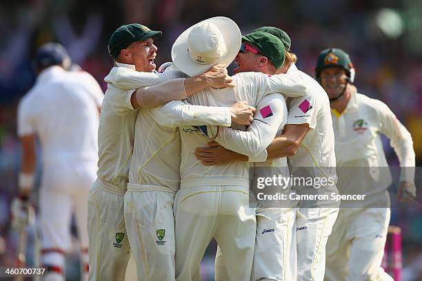 Australian players celebrates the final wicket dismissing Boyd Rankin of England and winning the Ashes series 5-0 during day three of the Fifth Ashes...