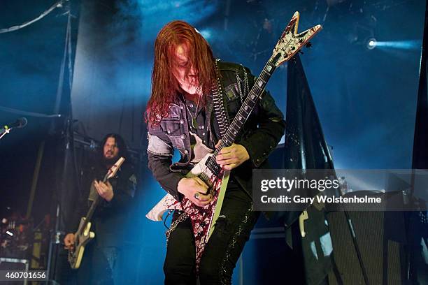 Michael Amott of Arch Enemy performs on stage at Manchester Academy on December 19, 2014 in Manchester, United Kingdom.