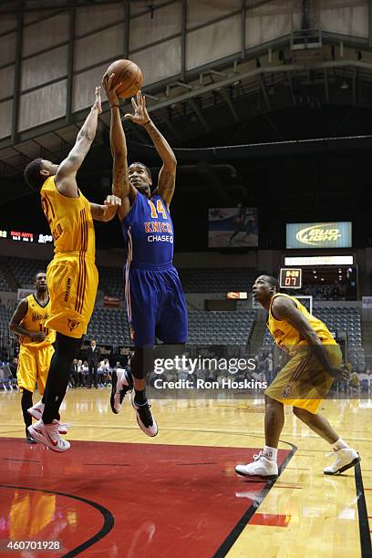 Glen Rice Jr. Of the Fort Wayne Mad Ants battles Markeith Cummings of the Westchester Knicks during their NBDL game at Memorial Coliseum December 19,...