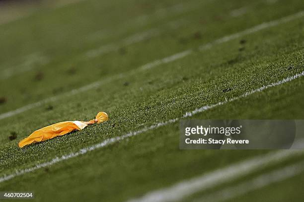 Detailed view of a penalty flag during a game between the Jacksonville Jaguars and the Tennessee Titans at EverBank Field on December 18, 2014 in...