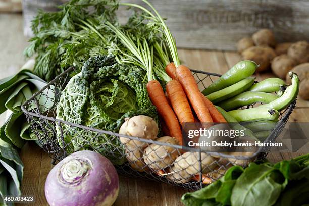 selection of fresh vegetables in metal wire basket - バスケット ストックフォトと画像