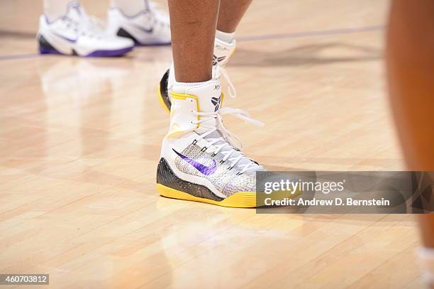 Close up shot of the shoes of Kobe Bryant of the Los Angeles Lakers as he plays a a game against the Oklahoma City Thunder on December 19, 2014 at...