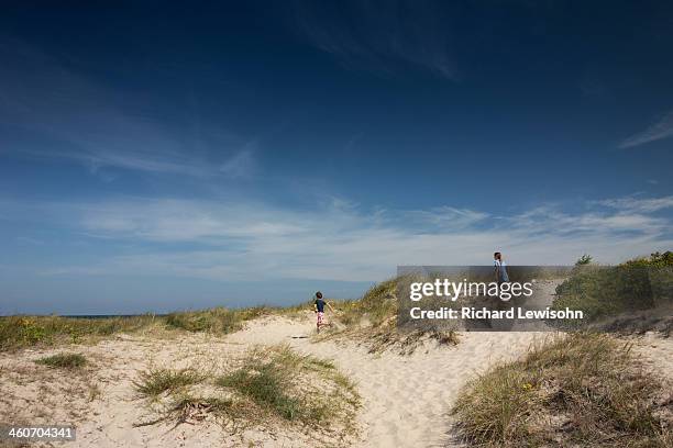 brother and sister running over sand dunes - zealand denmark stock pictures, royalty-free photos & images