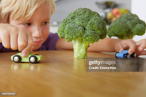 boy playing cars around broccoli trees - toy cars photos et images de collection