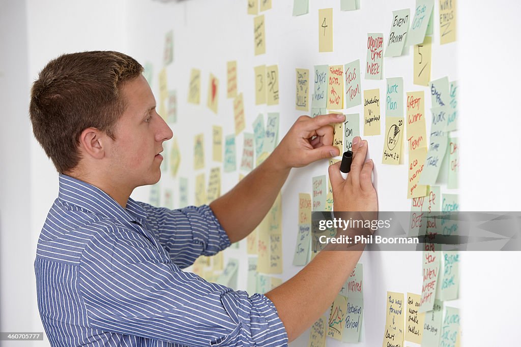 Young man sticking adhesive note on wall