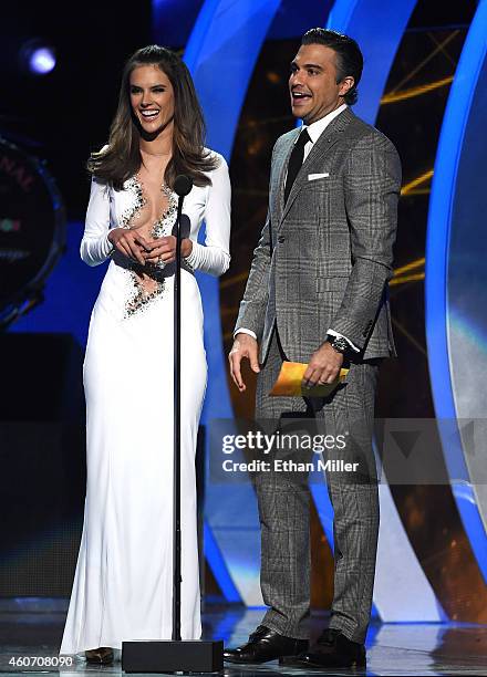 Model Alessandra Ambrosio and actor Jaime Camil present an award during the 15th annual Latin GRAMMY Awards at the MGM Grand Garden Arena on November...