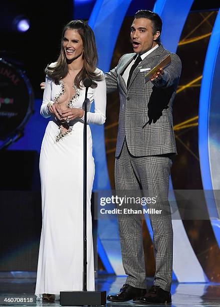 Model Alessandra Ambrosio and actor Jaime Camil present an award during the 15th annual Latin GRAMMY Awards at the MGM Grand Garden Arena on November...