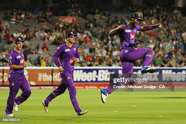 Darren Sammy of the Hurricanes celebrates a catch during the Big Bash League match between the Melbourne Stars and the Hobart Hurricanes at Melbourne...