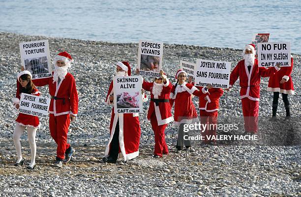 Members of the French anti-fur group "CAFT" , dressed up as Santa Claus, walk on the beach on December 20 in Nice, southeastern France. AFP PHOTO /...