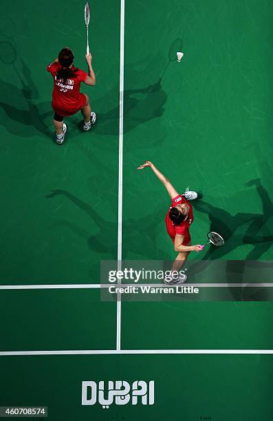 Misaki Matsutomo and Ayaka Takahashi of Japan in action against Luo Ying and Luo Yu of China during the Women's Doubles match on day four of the BWF...