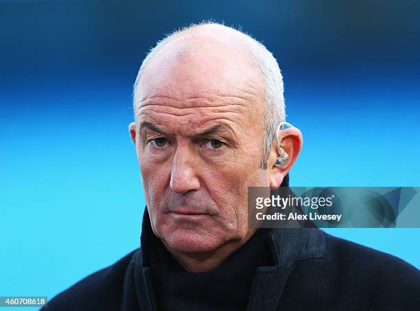 Former Crystal Palace manager Tony Pulis looks on prior to the Barclays Premier League match between Manchester City and Crystal Palace at Etihad...