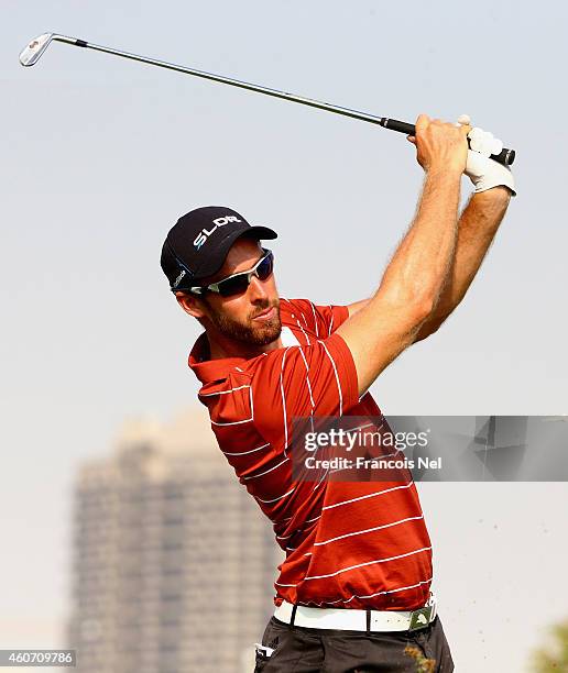 Christopher Cannon of England in action during the third round of the Dubai Open at The Els Club Dubai on December 20, 2014 in Dubai, United Arab...