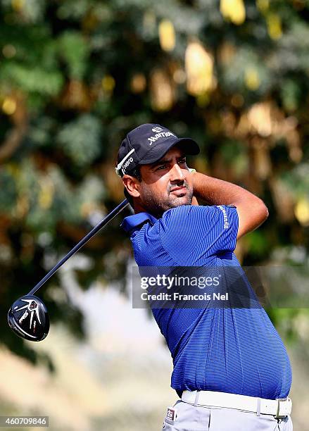 Shiv Kapur of India in action during the third round of the Dubai Open at The Els Club Dubai on December 20, 2014 in Dubai, United Arab Emirates.