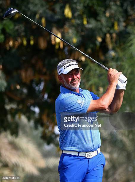 Darren Clarke of Northen Ireland in action during the third round of the Dubai Open at The Els Club Dubai on December 20, 2014 in Dubai, United Arab...