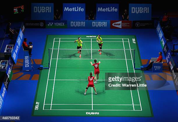 Luo Ying and Luo Yu of China in action against Misaki Matsutomo and Akane Takahashi of Japan during the Women's Doubles match on day four of the BWF...