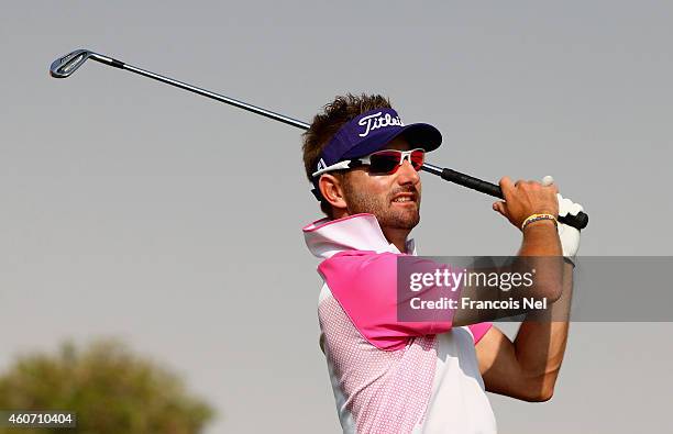 Jbe Kruger of South Africa in action during the third round of the Dubai Open at The Els Club Dubai on December 20, 2014 in Dubai, United Arab...