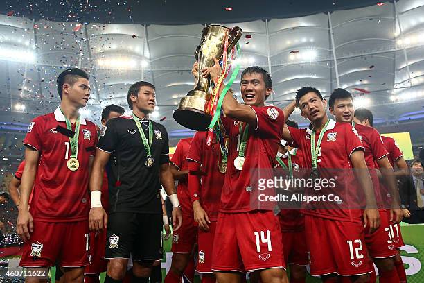 Thailand celebrates after they won the AFF Suzuki Cup by beating Malaysia 4-3 on aggregate during the 2014 AFF Suzuki Cup 2nd leg final match between...