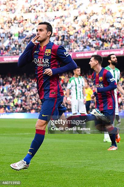 Pedro Rodriguez of FC Barcelona celebrates after scoring the opening goal during the La Liga match between FC Barcelona and Cordoba CF at Camp Nou on...
