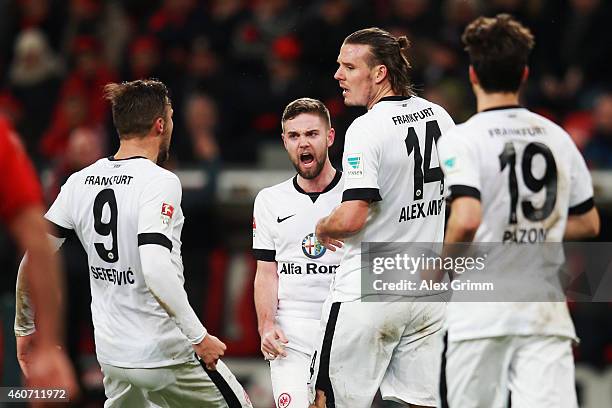 Alexander Meier of Frankfurt celebrates his team's first goal with team mates Haris Seferovic, Marc Stendera and Lucas Piazon during the Bundesliga...