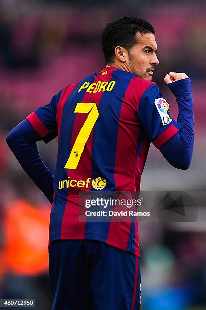 Pedro Rodriguez of FC Barcelona celebrates after scoring the opening goal during the La Liga match between FC Barcelona and Cordoba CF at Camp Nou on...