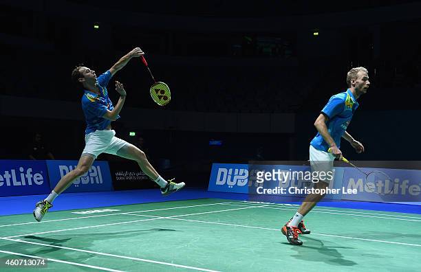 Mathias Boe and Carsten Mogensen of Denmark in action against Lee Yong Dae and Yoo Yeon Seong of Korea in the Mens Double Semi Final during the BWF...