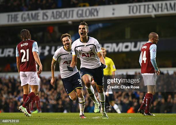 Erik Lamela of Tottenham Hotspur celebrates scoring his goal during the Barclays Premier League match between Tottenham Hotspur and Burnley at White...