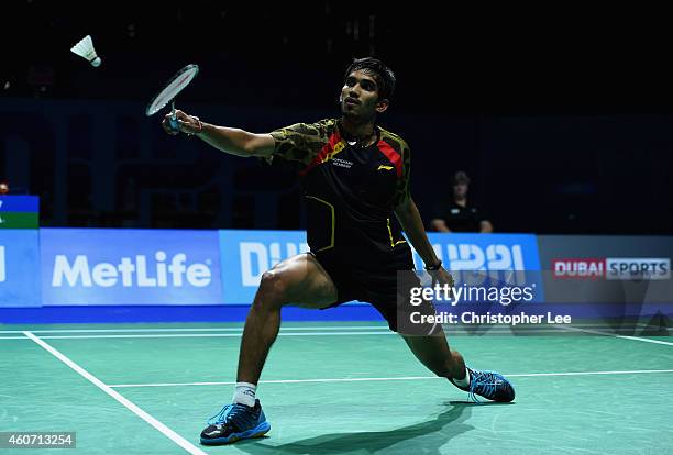 Kidambi Srikanth of India in action against Chen Long of China in the Mens Singles Semi Final during the BWF Destination Dubai World Superseries...