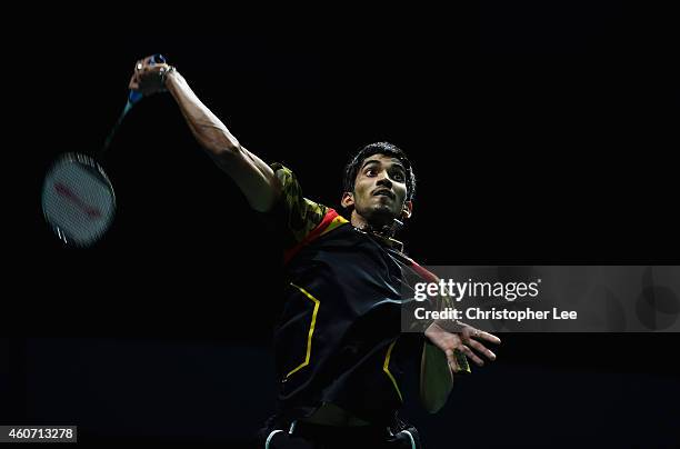Kidambi Srikanth of India in action against Chen Long of China in the Mens Singles Semi Final during the BWF Destination Dubai World Superseries...