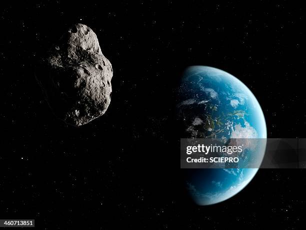 illustrazioni stock, clip art, cartoni animati e icone di tendenza di asteroid approaching earth, artwork - asteroid