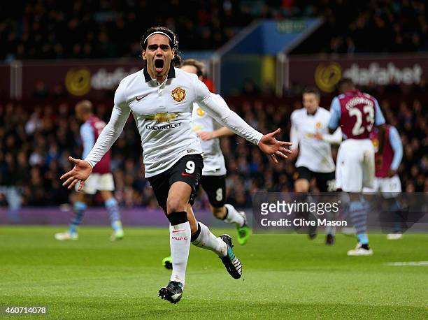 Radamel Falcao García of Manchester United celebrates scoring their first goal during the Barclays Premier League match between Aston Villa and...