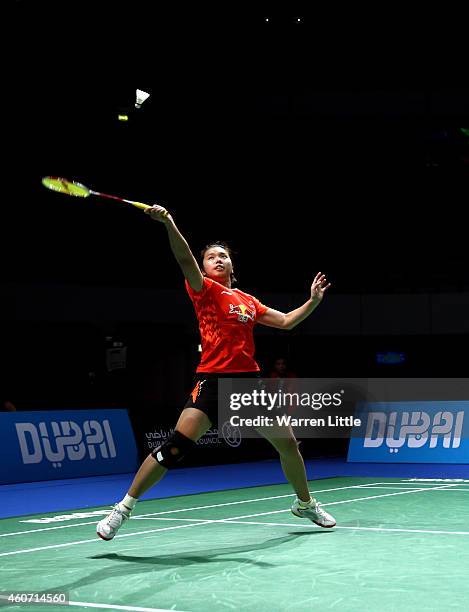 Tian Qing of China in action against Jung Kyung Eun and Kim Ha Na of Korea during the Women's Doubles match on day four of the BWF Destination Dubai...