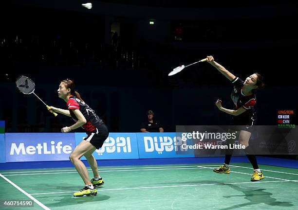 Jung Kyung Eun and Kim Ha Na of Korea in action against Tian Qing and Zhao Yunlei of China during the Women's Doubles match on day four of the BWF...