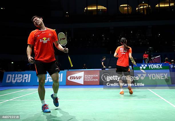 Liu Cheng and Bao Yixin of China in action against Jachim Fischer and Christinna Pedersen of Denmark during day four of the BWF Destination Dubai...