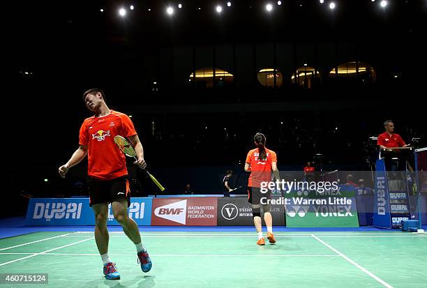 Liu Cheng and Bao Yixin of China in action against Jachim Fischer and Christinna Pedersen of Denmark during day four of the BWF Destination Dubai...