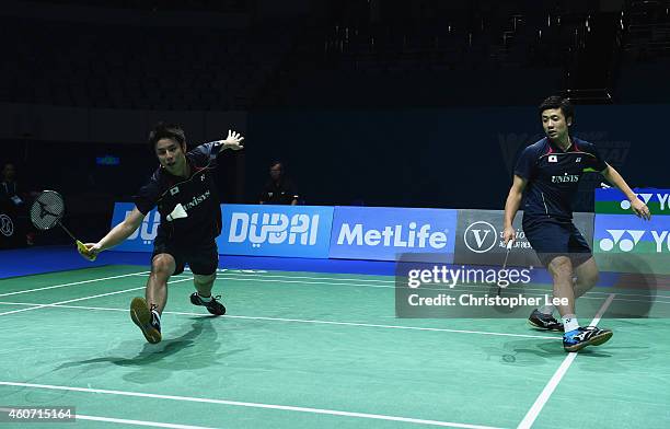 Hiroyuki Endo and Kenichi Hayakawa of Japan in action against Chai Biao and Hong Wei of China in the Mens Doubles during the BWF Destination Dubai...