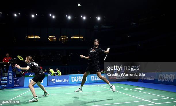 Joachim Fischer and Christinna Pedersen of Denmark in action against Liu Cheng and Bao Yixin of China during day four of the BWF Destination Dubai...