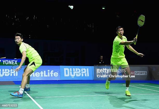 Chai Biao and Hong Wei of China in action against Hiroyuki Endo and Kenichi Hayakawa of Japan in the Mens Doubles during the BWF Destination Dubai...