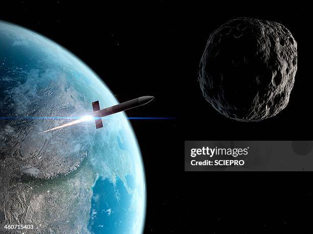 asteroid defence missile, artwork - asteroid belt stock illustrations