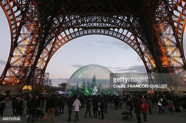 People gather around an installation of pine trees in a giant snow globe under the Eiffel Tower in central Paris on December 20, 2014. AFP PHOTO /...